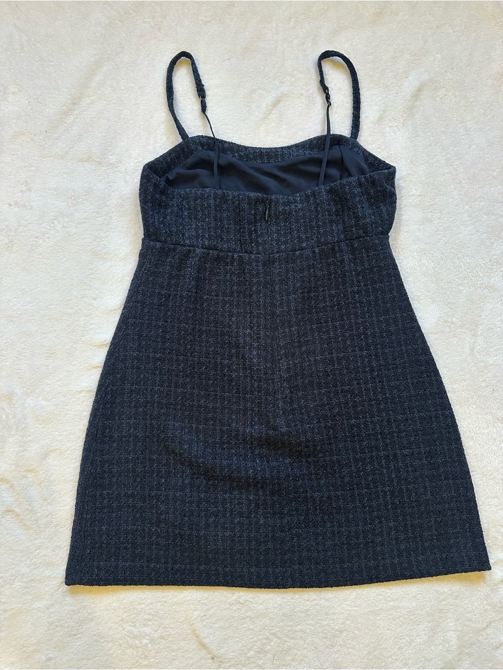 Textured Navy Mini Dress with Adjustable Spaghetti Straps and built in shorts - Picture 5 of 9